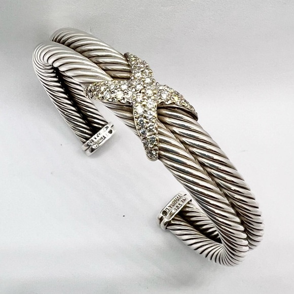 David Yurman Sterling Silver Double Row Diamond X Cable Bracelet - Picture 16 of 16